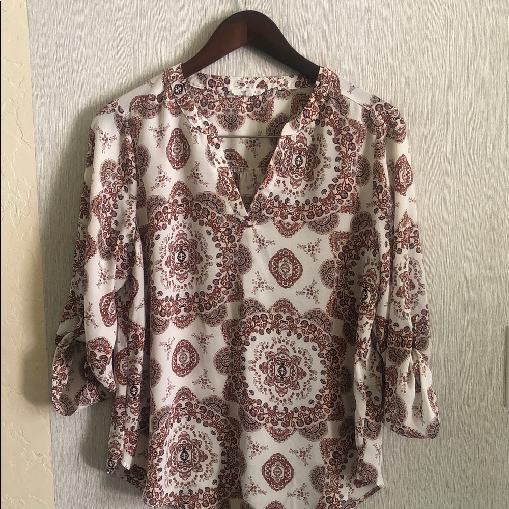 Maurices Cream Blouse with Brown Medallion Print